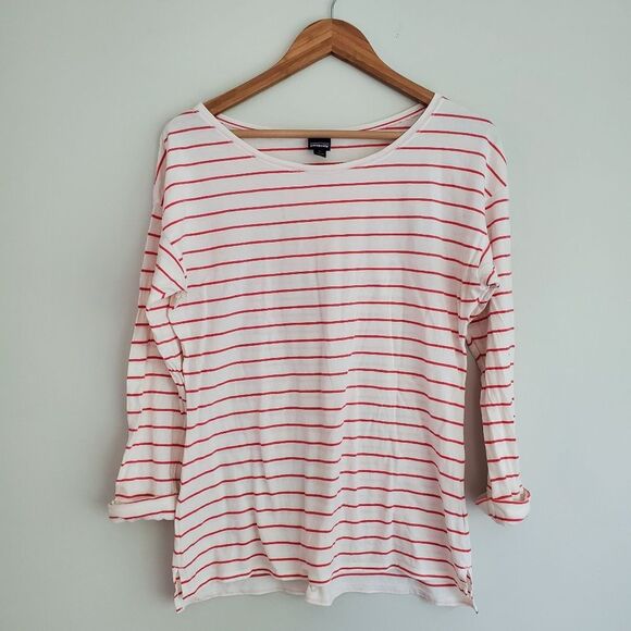 Patagonia shallow boaters neck rolled sleeve stripe top size Large - Picture 1 of 8